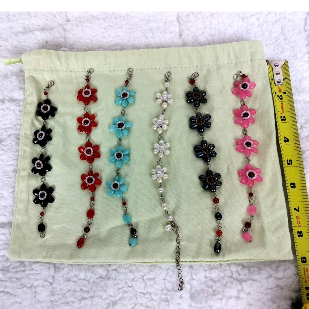 Hand Beaded Flower Charm Bracelet Set Multicolor Y2K Floral Aesthetic